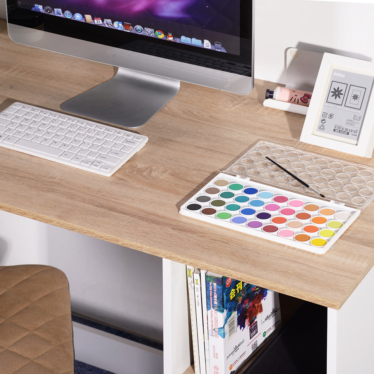 Modern Oak White Computer Desk with 5 Storage Shelves for Small Spaces