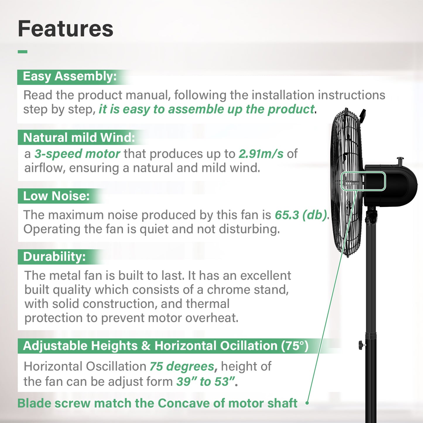 Adjustable Heights High Velocity Stand Fan with 75° Oscillation, Low Noise, Quality Construction, 3 Speed Settings