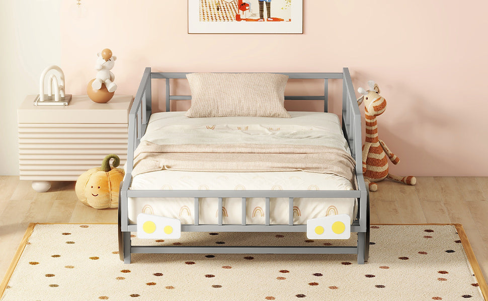 Metal Twin Size Car-shaped Platform Bed with Wheels and Headlights Decoration, Silver