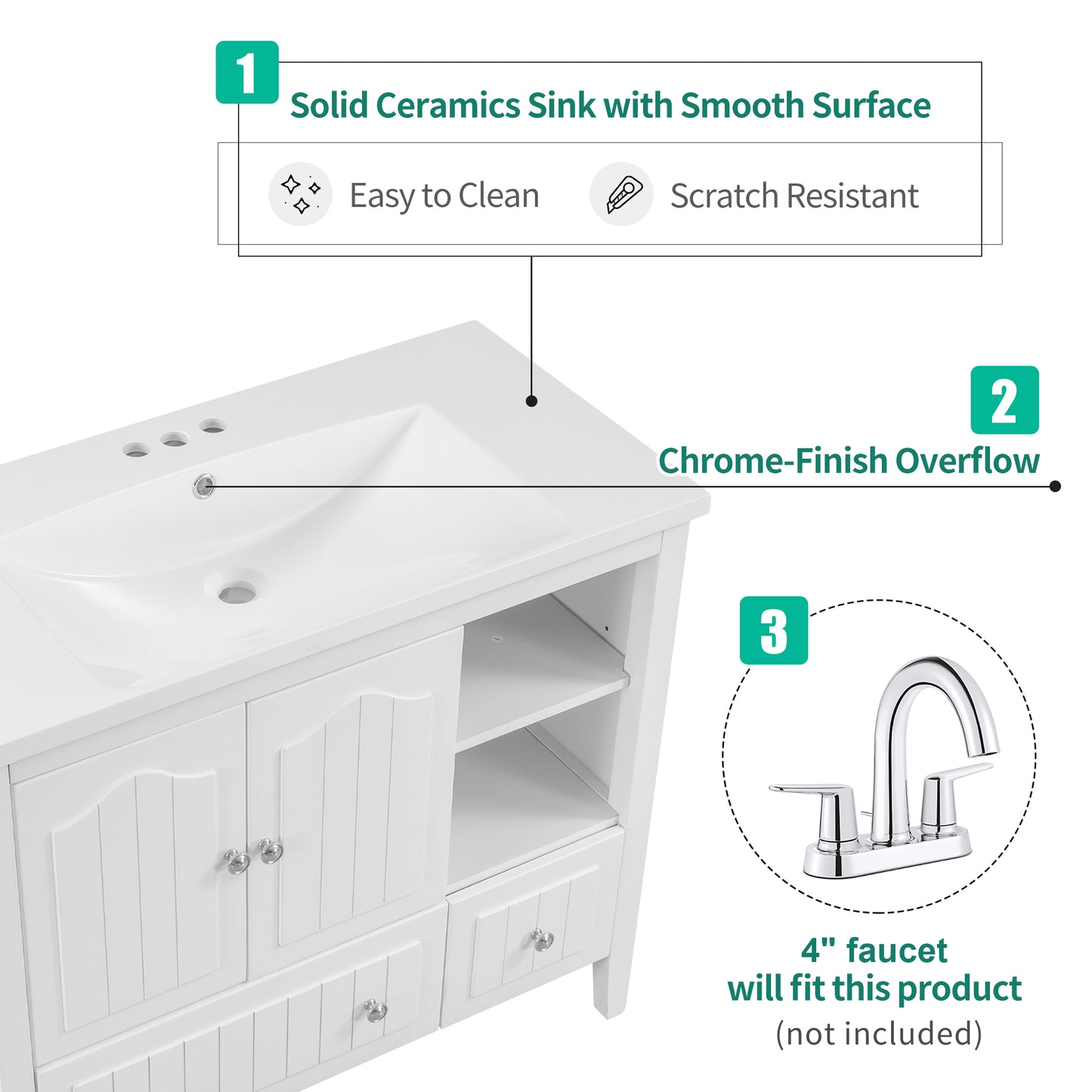 [VIDEO] 36" Bathroom Vanity with Ceramic Basin, Bathroom Storage Cabinet with Two Doors and Drawers, Solid Frame, Metal Handles, White