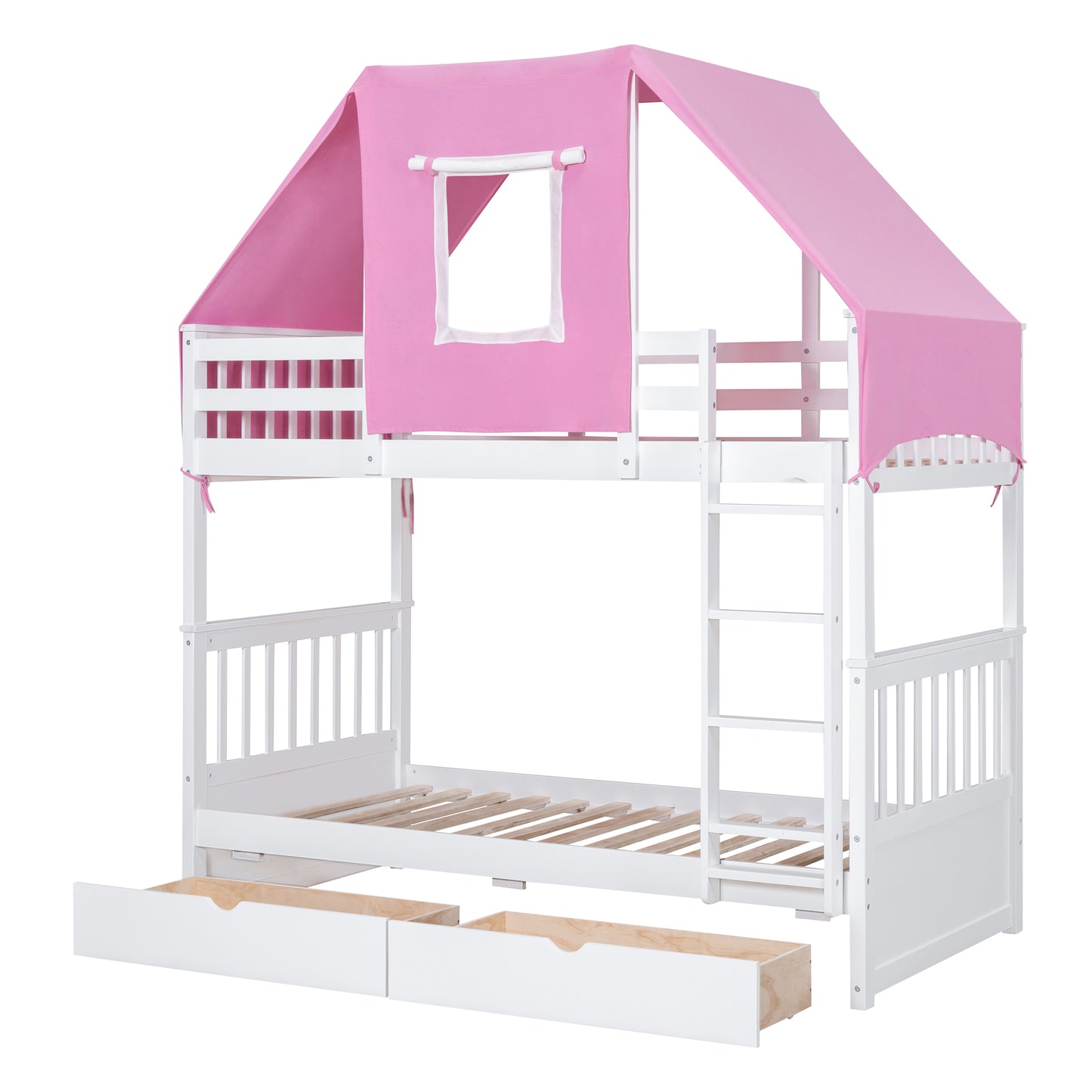 White and Pink Spacious Twin Bunk Bed with Playful Tent and Storage