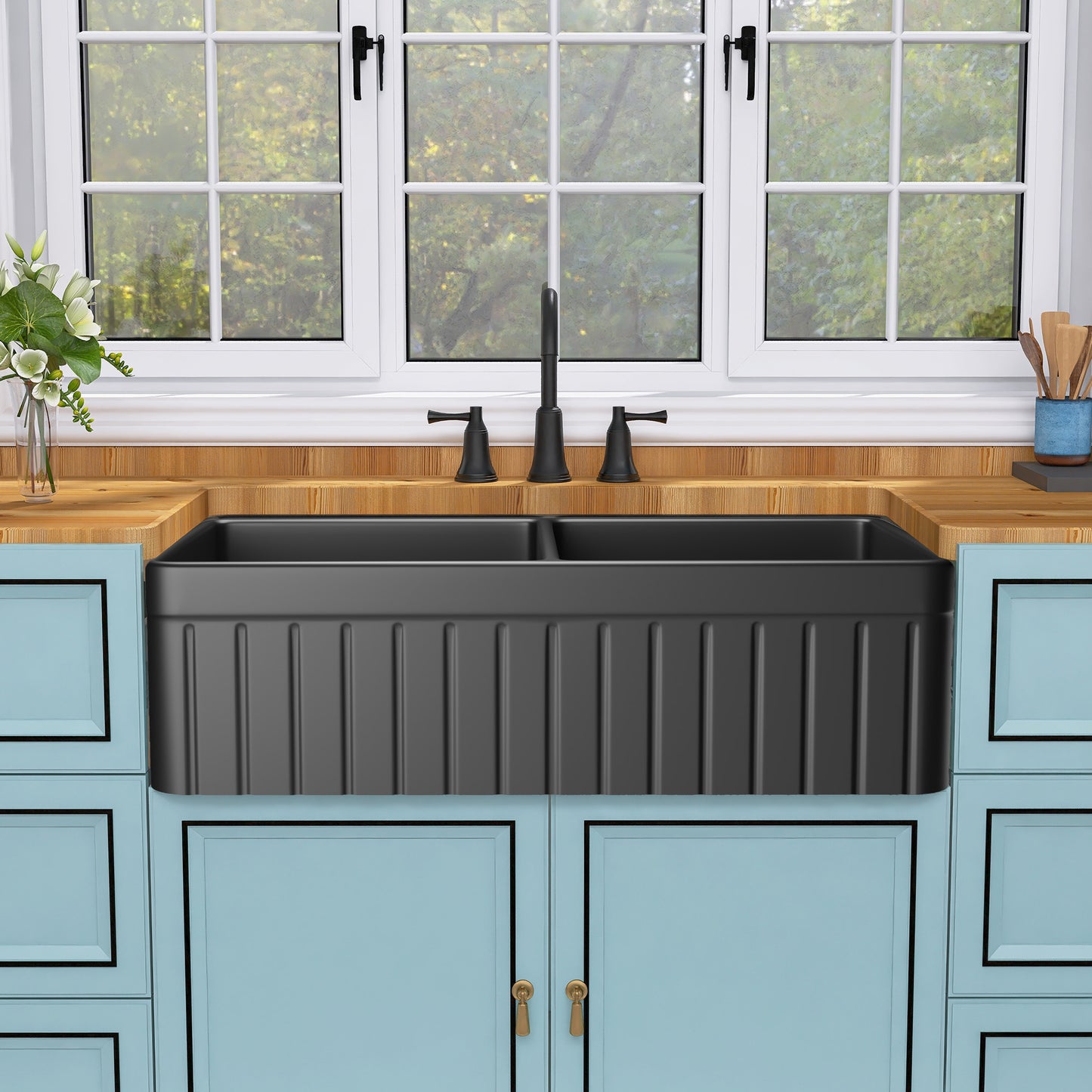 Black Double Bowl Fireclay Farmhouse Kitchen Sink