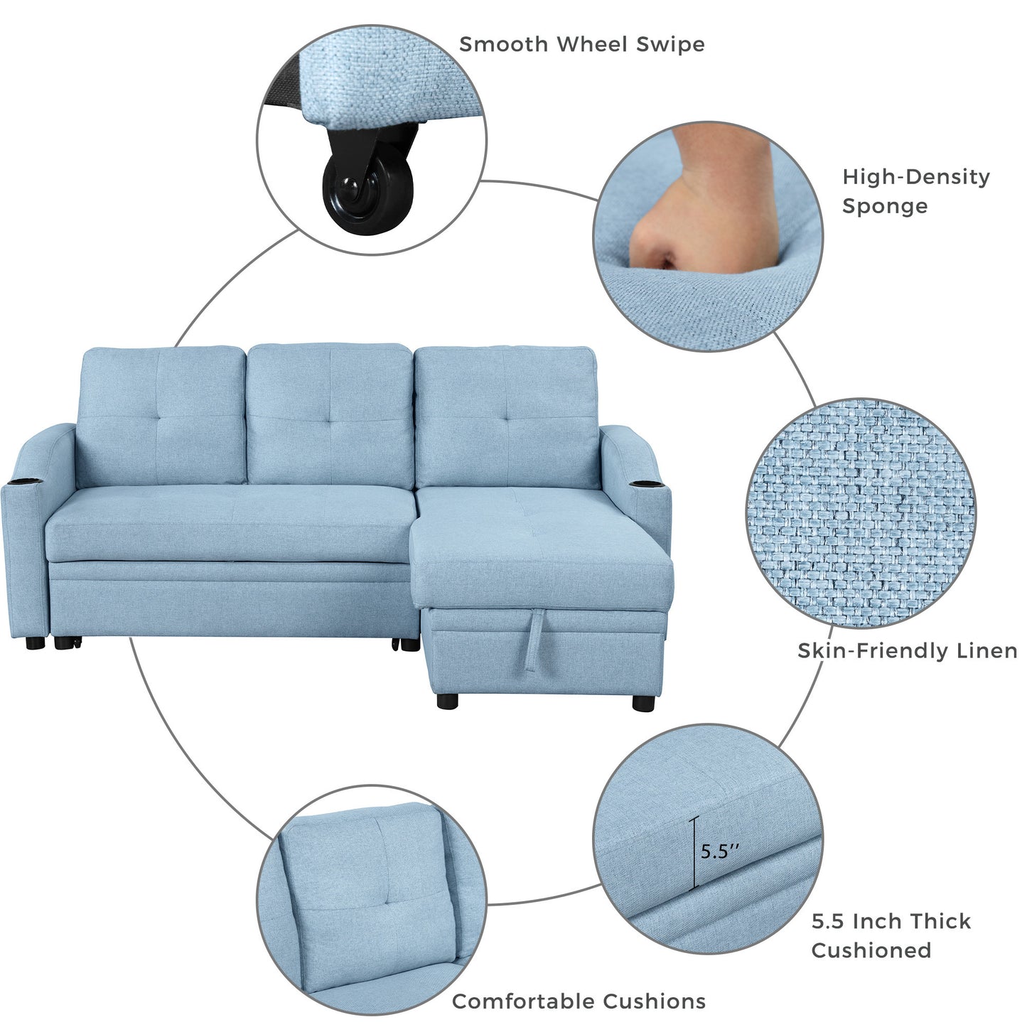 Orisfur Pull Out Sofa Bed with Storage Chaise and Cup Holder