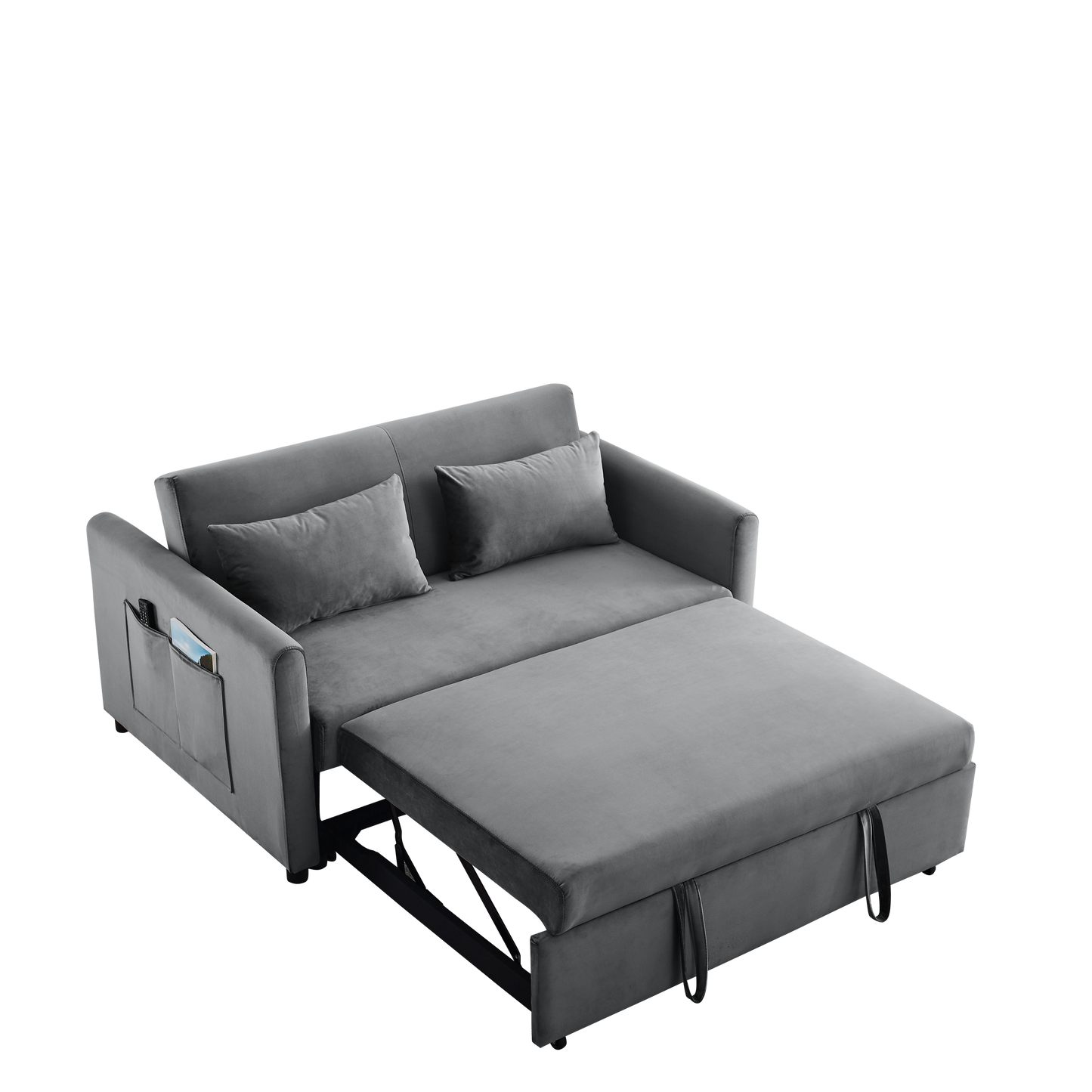 Convertible Sofa Bed, 3-in-1 Versatile Velvet Double Sofa with Pullout Bed, Seat with Adjustable Backrest, Lumbar Pillows, and Living Room Side Pockets, 54 Inch, Grey