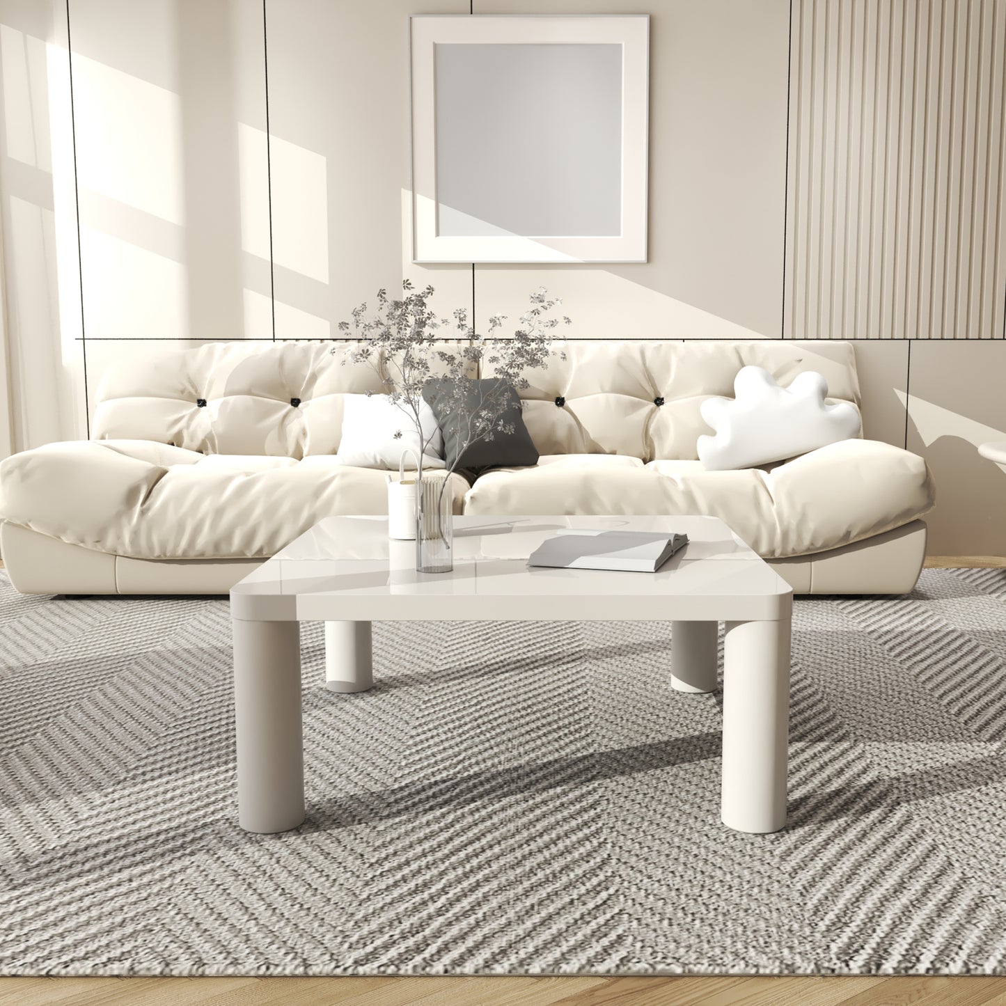 Cream White Square Coffee Table with Rounded Corner Design