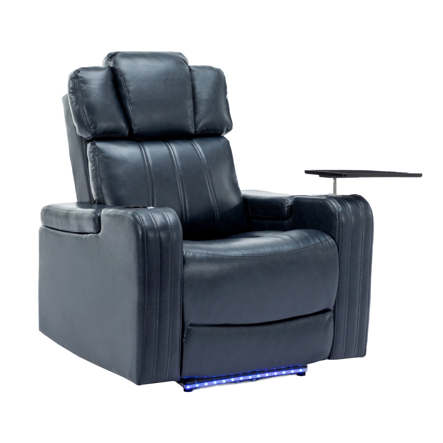 Blue Leather Power Recliner with Cooling Cup Holder, Bluetooth Speaker, and 360° Swivel Tray Table