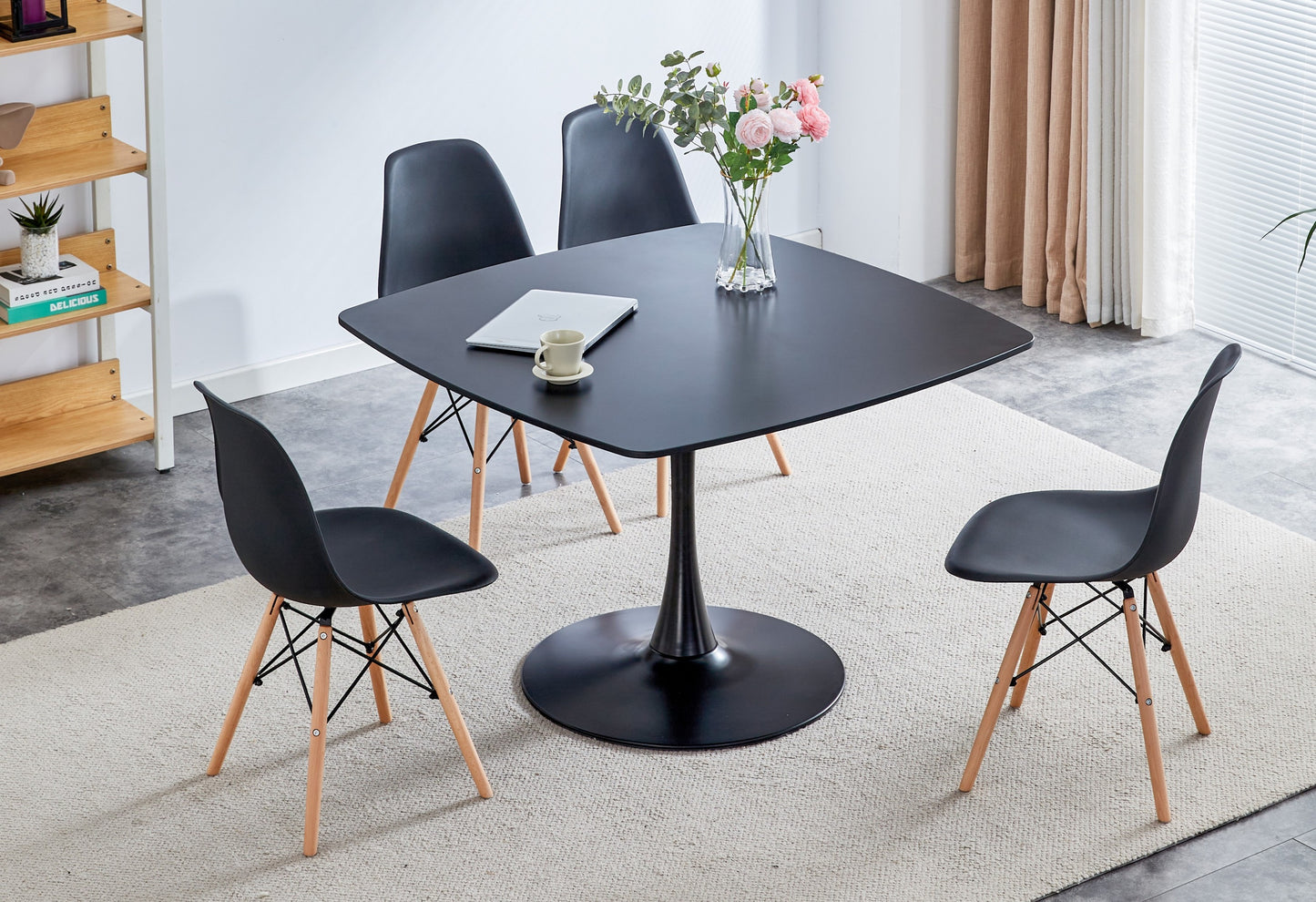 Modern Matte Black Pedestal Dining Table for 4-6 People