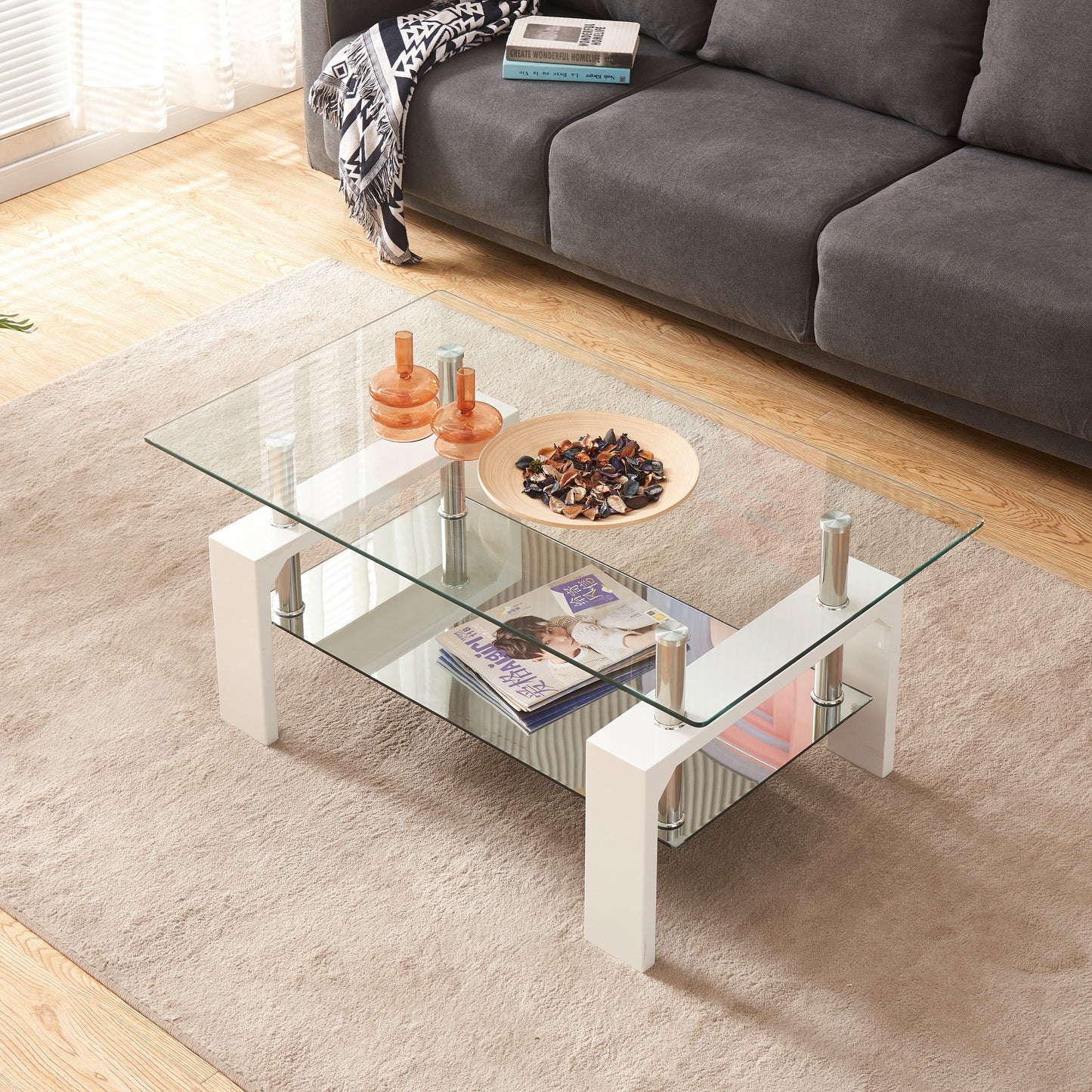 Rectangular Glass Coffee Table with 2-Tier Style