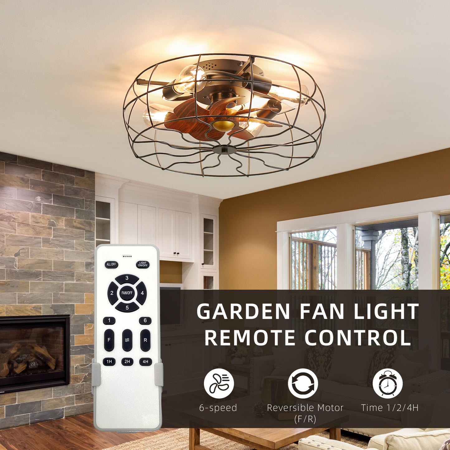 20-Inch American Style Ceiling Fan with Lights, Monochromatic Lamp, Remote Control, 6 Adjustable Speeds: Matte Black Finish