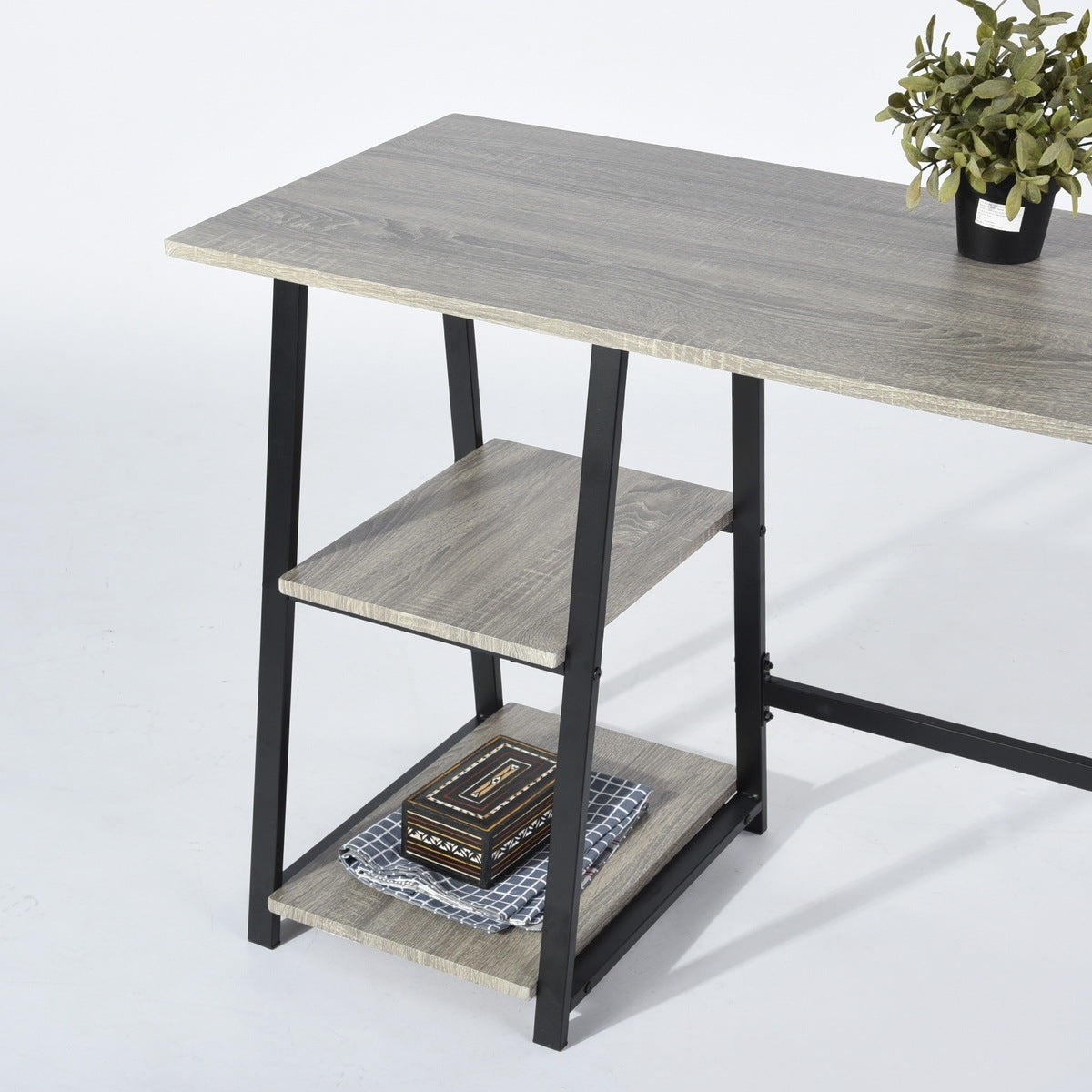 Adjustable Wooden Desk with 2 Open Shelves - GREY & BLACK