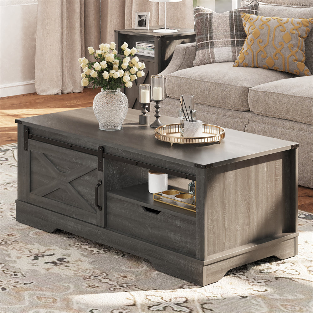 Rustic Gray Wooden Farmhouse Storage Coffee Table with Sliding Barn Door