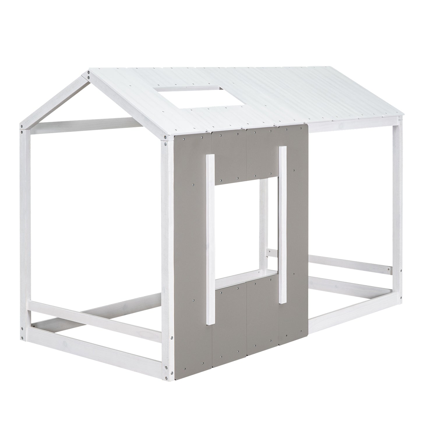 Twin Size House Platform with Roof and Window, White+Antique Grey(: WF294130AAE)