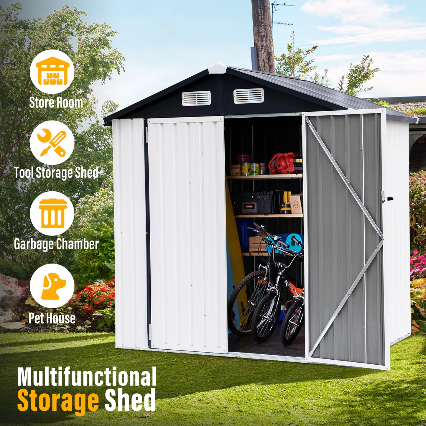 Outdoor Storage Shed, 6x4 ft Metal Sheds & Outdoor Storage Garden Tool Bike Shed with Lockable Door, Waterproof Design for Backyard, Patio, Lawn