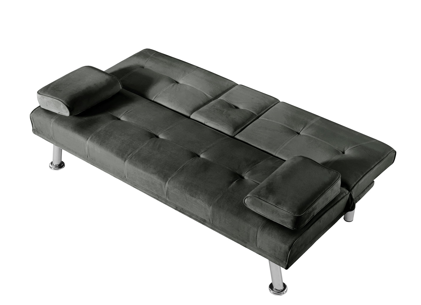 Velvet Upholstered Modern Convertible Folding Futon Sofa Bed Removable Armrests, Metal Feet with 2 Cup Holders