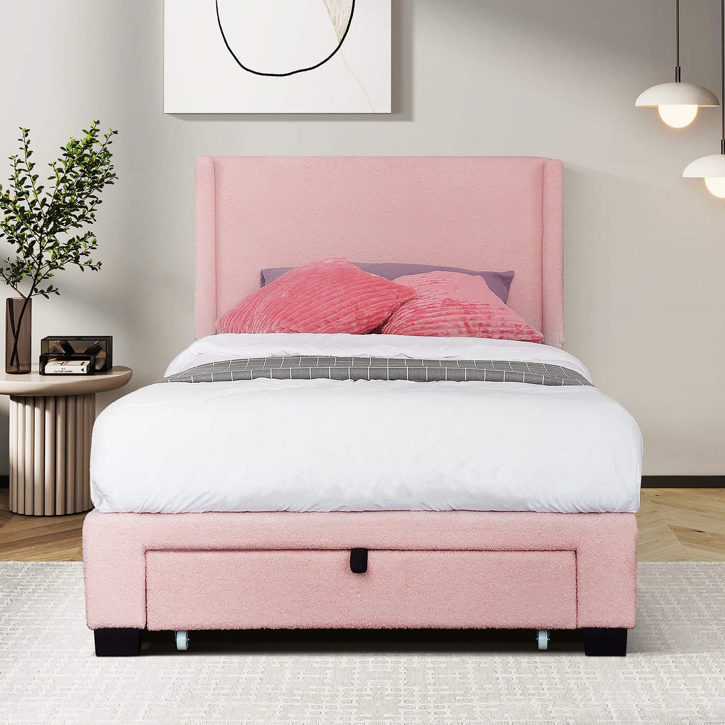 PINK TEDDY FABRIC FOOTBOARD STORAGE BIG DRAWER WINGBACK WITH POCKETS UPHOLSTERED BED NO BOX SPRING REQUIRED TWIN SIZE MODERN DESIGN