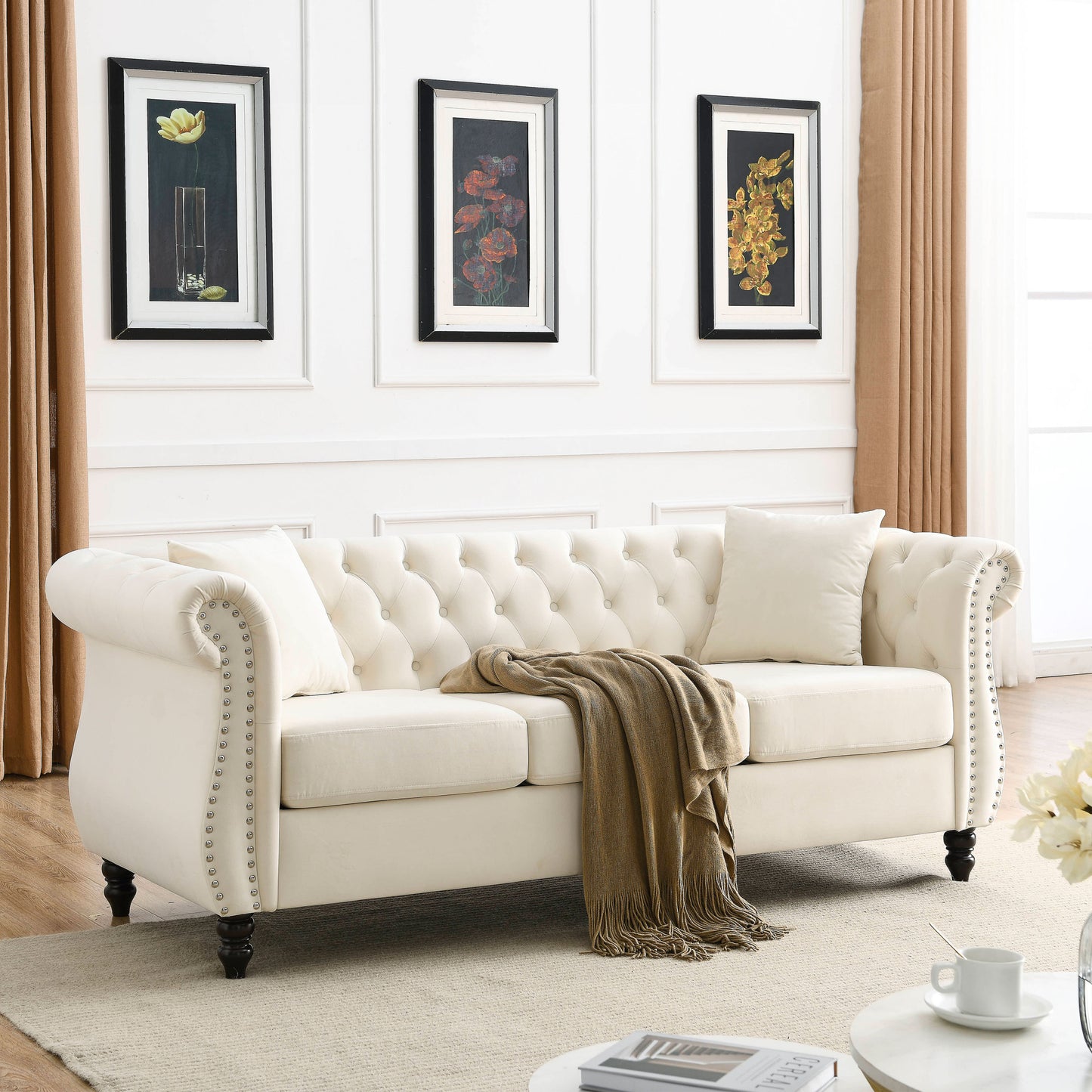 Beige Velvet Chesterfield 3-Seater Sofa Set