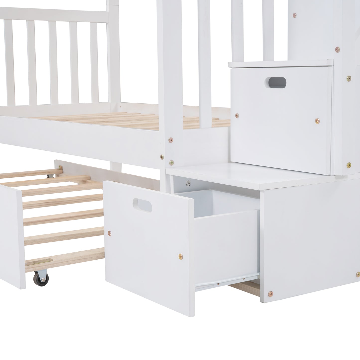 Stairway Bunk Bed with Trundle and Storage Drawers in White