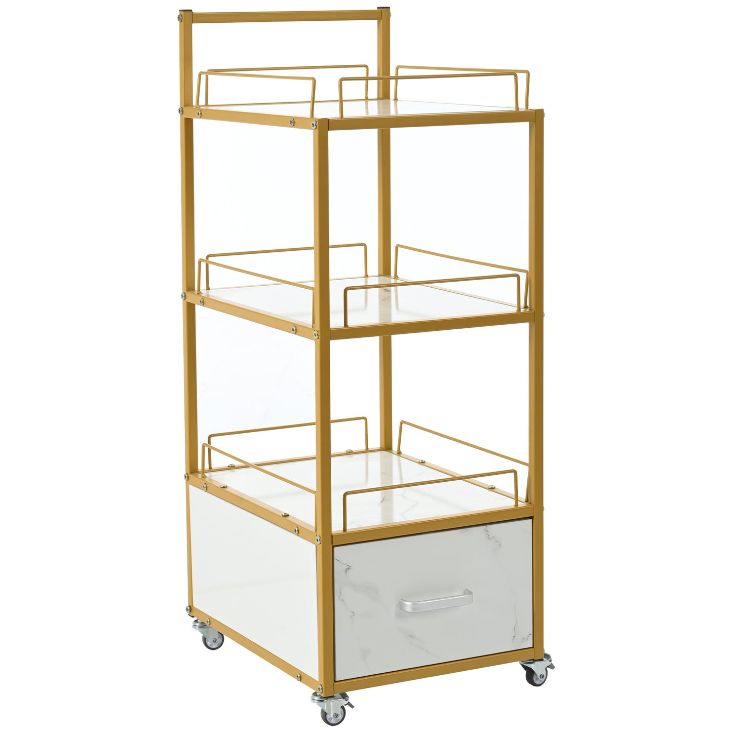 Beauty Salon Storage Trolley Cart,with Lockable Rolling Wheels,Metal Frame Marbled Board,Drawer Barber Salon Furniture,white