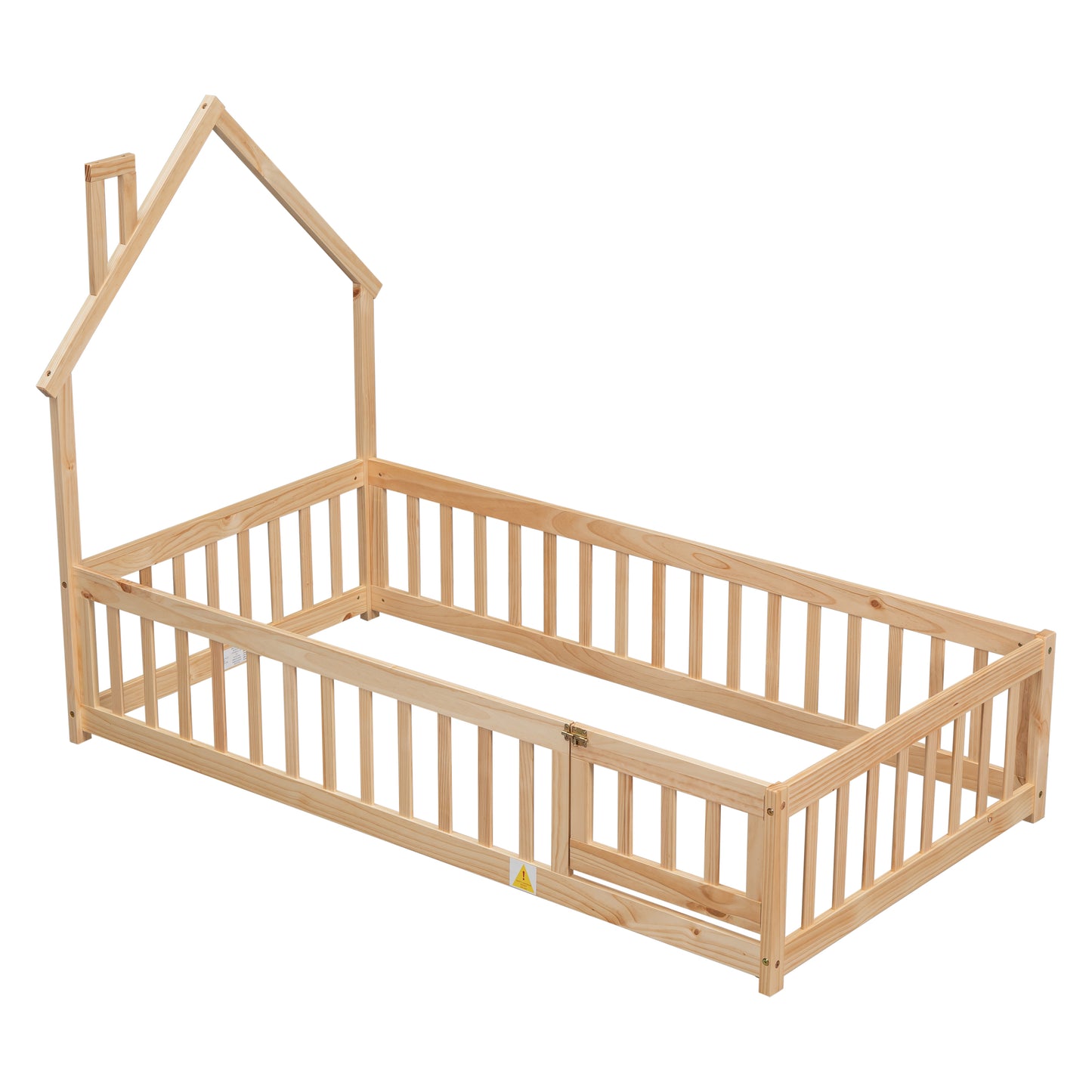 Twin House-Shaped Headboard Floor Bed with Fence
,Natural