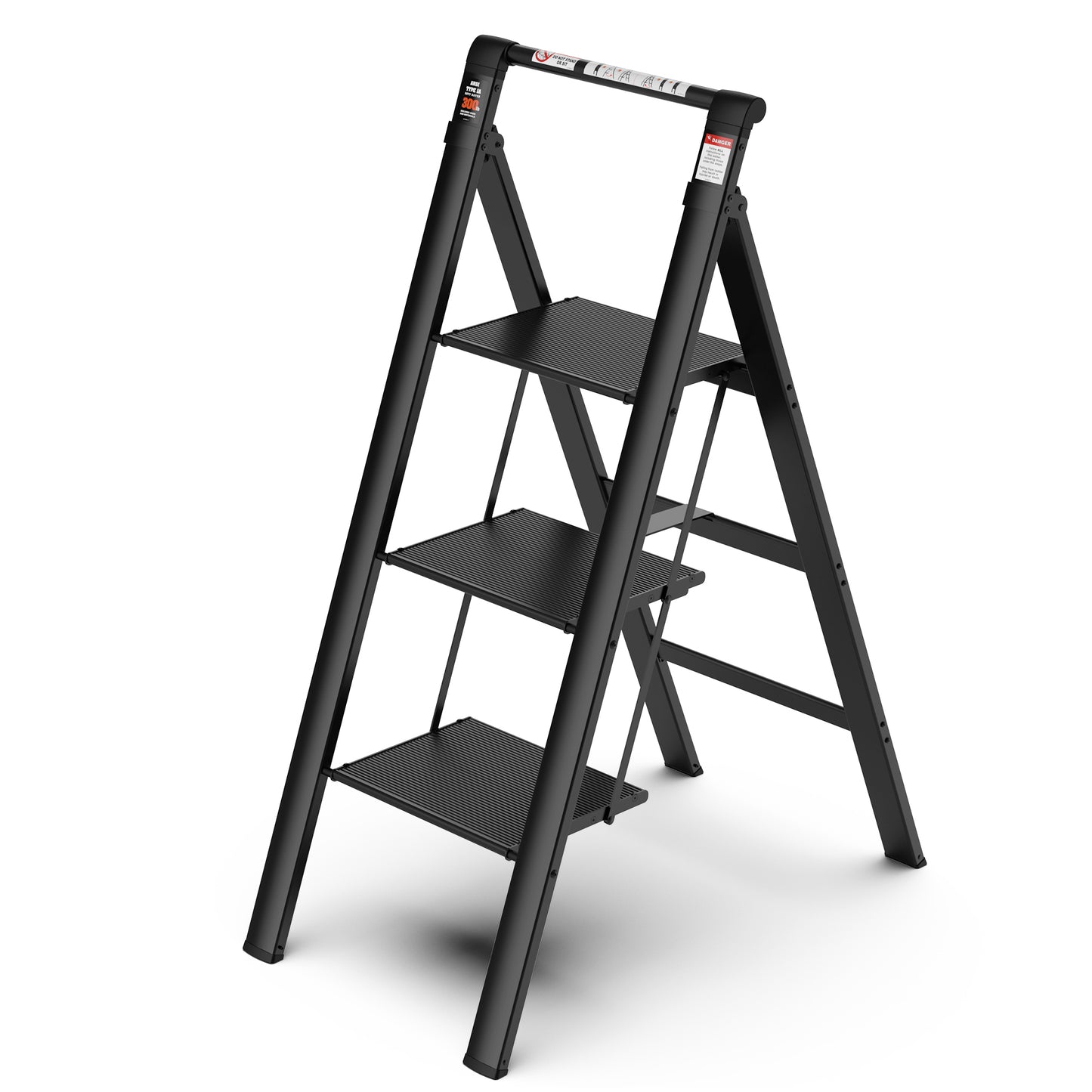 3 Step Ladder, Retractable Handgrip Folding Step Stool with Anti-Slip Wide Pedal, Aluminum Stool Ladders 3 Steps, 300lbs Safety Household Ladder