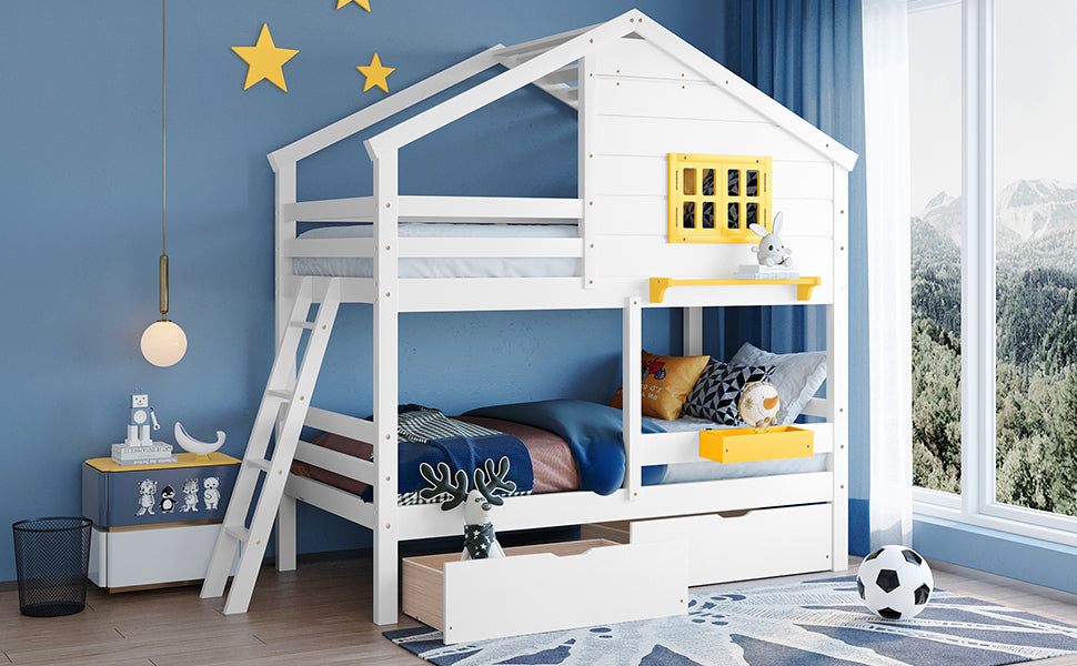 White Playhouse-Inspired Twin Bunk Bed with Storage and Roof