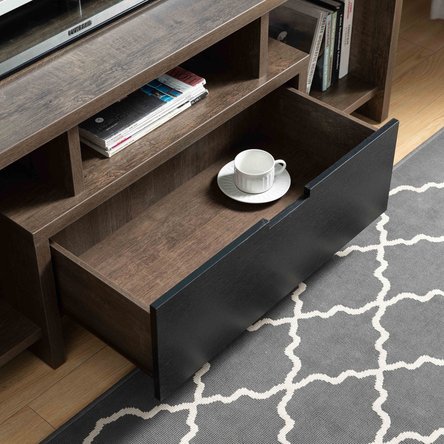 Walnut Oak and Black TV Stand: Modern Entertainment Center with Drawer and Shelves