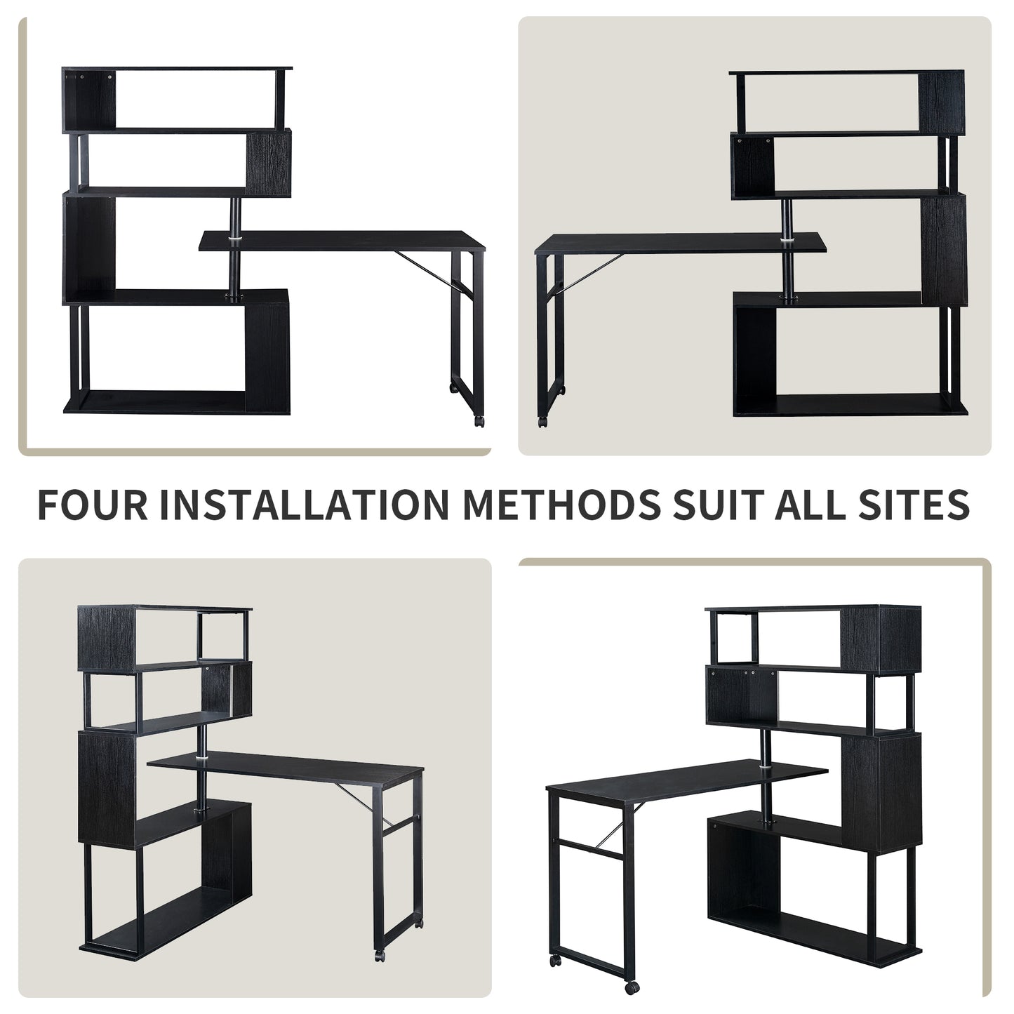 Modern L-Shaped Home Office Desk with Rotating Bookshelf and Lockable Casters