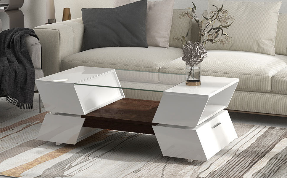 6mm Glass-Top White Coffee Table with Open Shelves and Cabinets