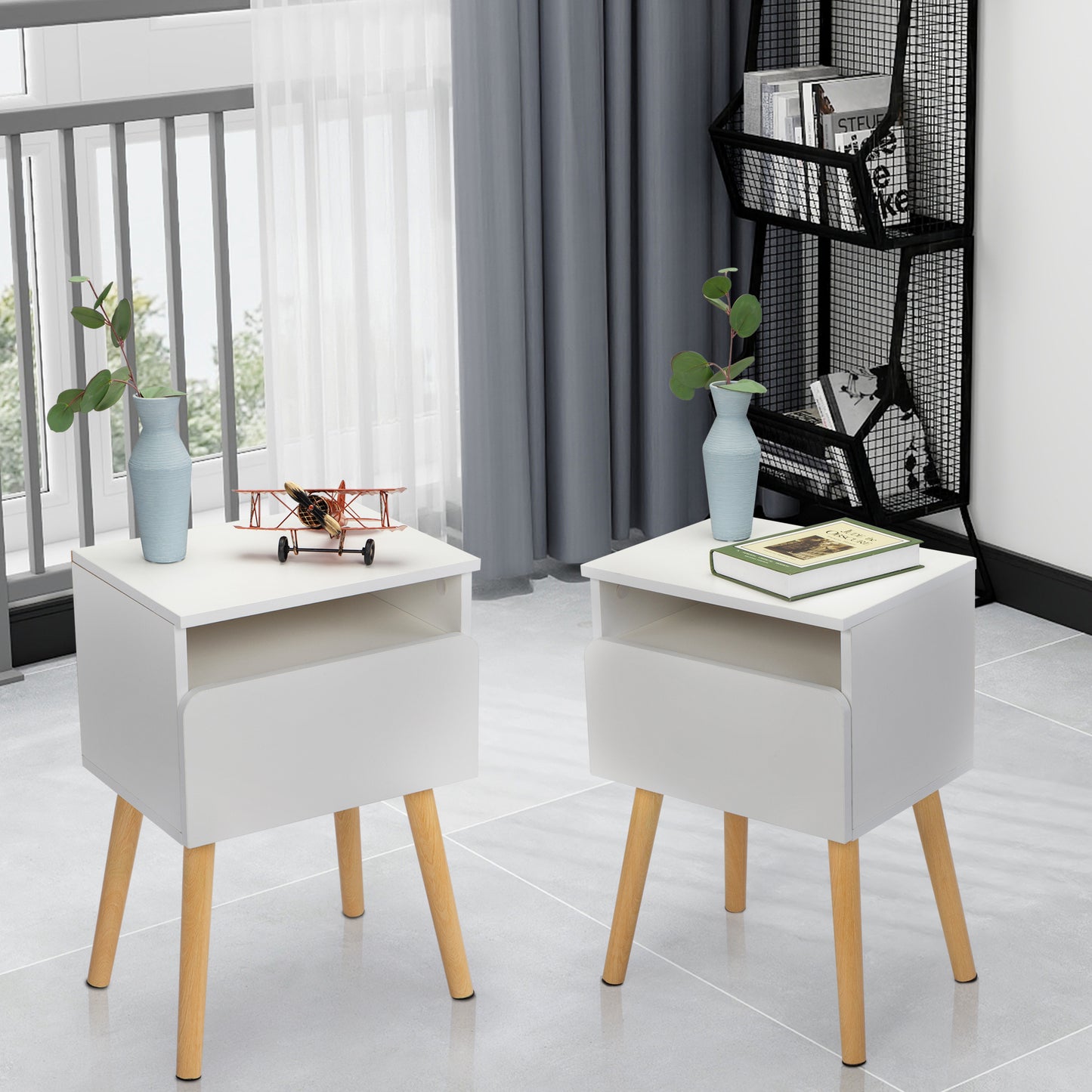 2-piece modern bedside table, bedroom coffee table with drawers, shelves, living room bedside furniture, white