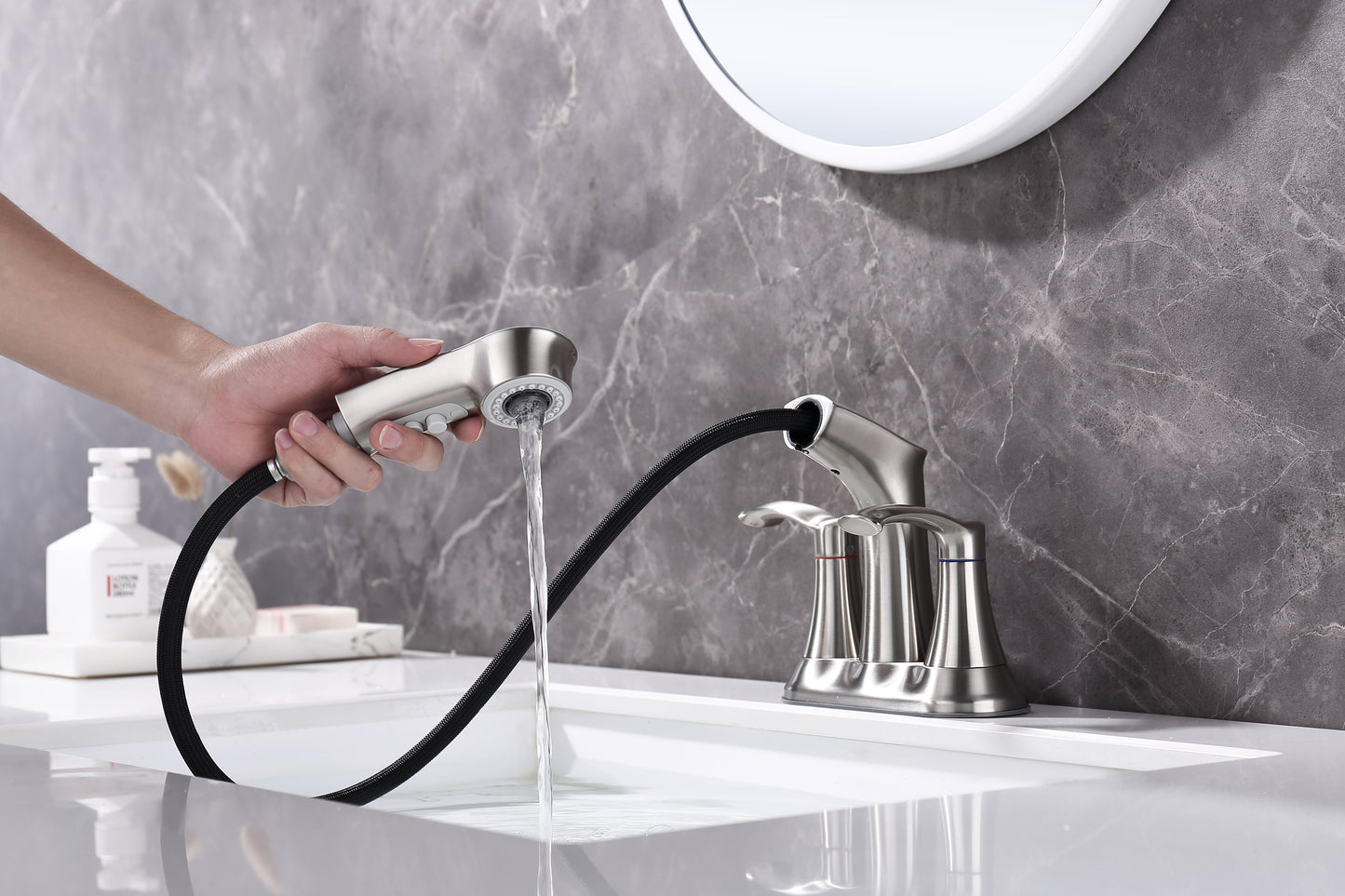 Elegant 3 Hole Brushed Nickel Bathroom Faucet with Pull-Out Sprayer