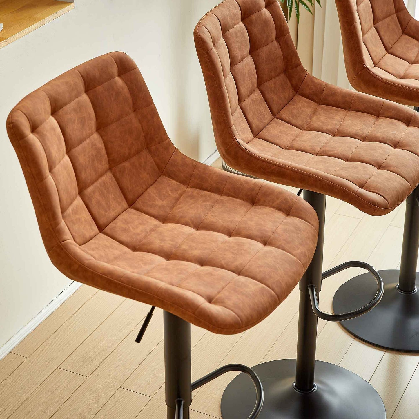 Brown Pu Leather Swivel Adjustable Height Bar Stool Chair For Kitchen(Set of 2)