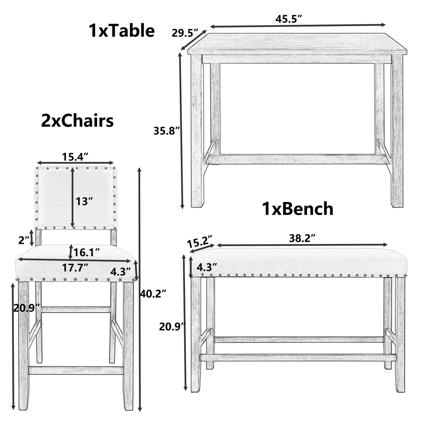 4 Piece Rustic Wooden Counter Height Dining Table Set with Upholstered Bench for Small Places, Espresso+ Beige