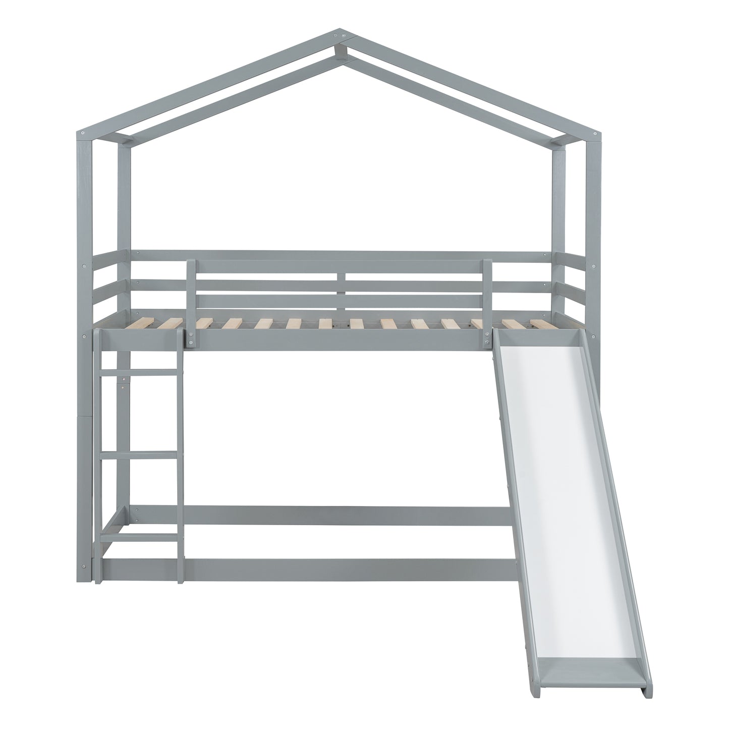 House-Themed Twin Bunk Bed with Slide, Roof, and Ladder for Kids