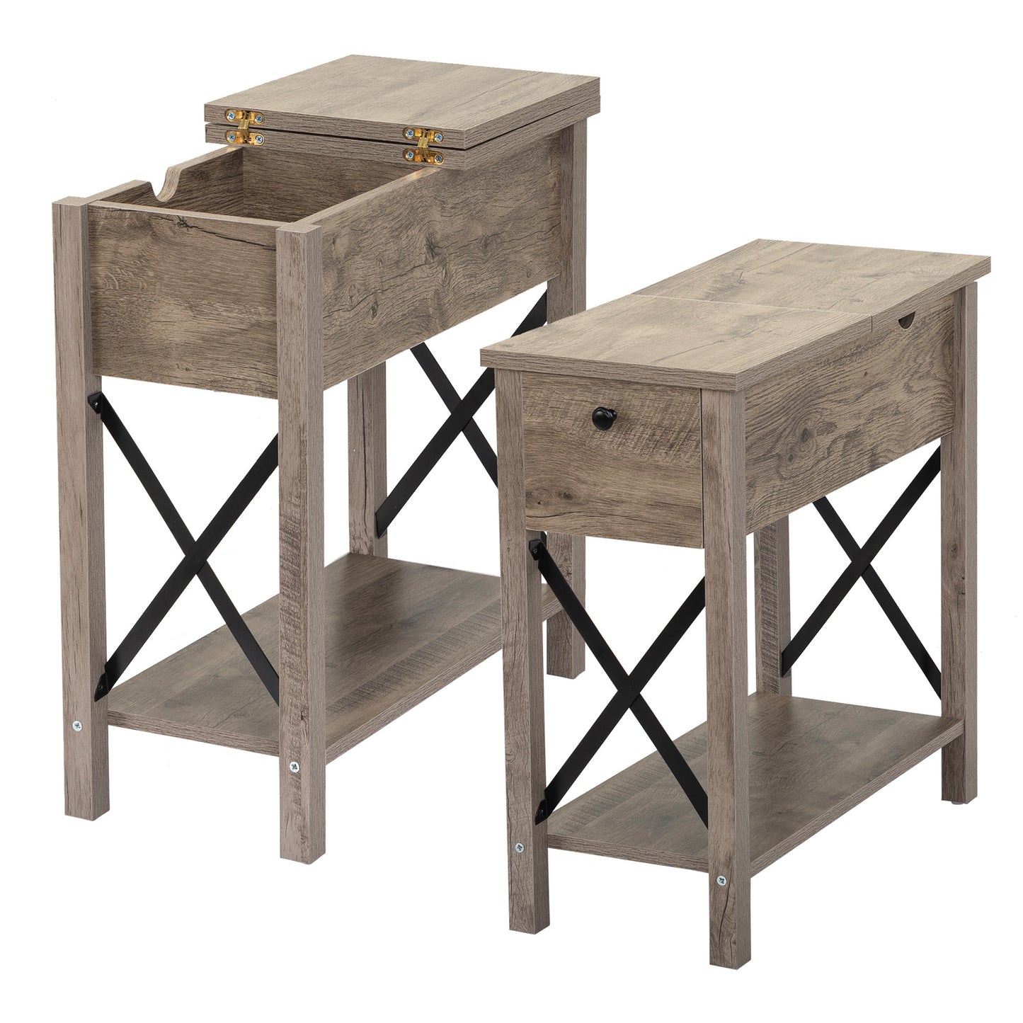 Set of 2 Farmhouse Flip Top End Table with Charge Station, X-Shaped Profile Narrow Side Table with Drawer for Office, Bedroom, Living Room, Gray