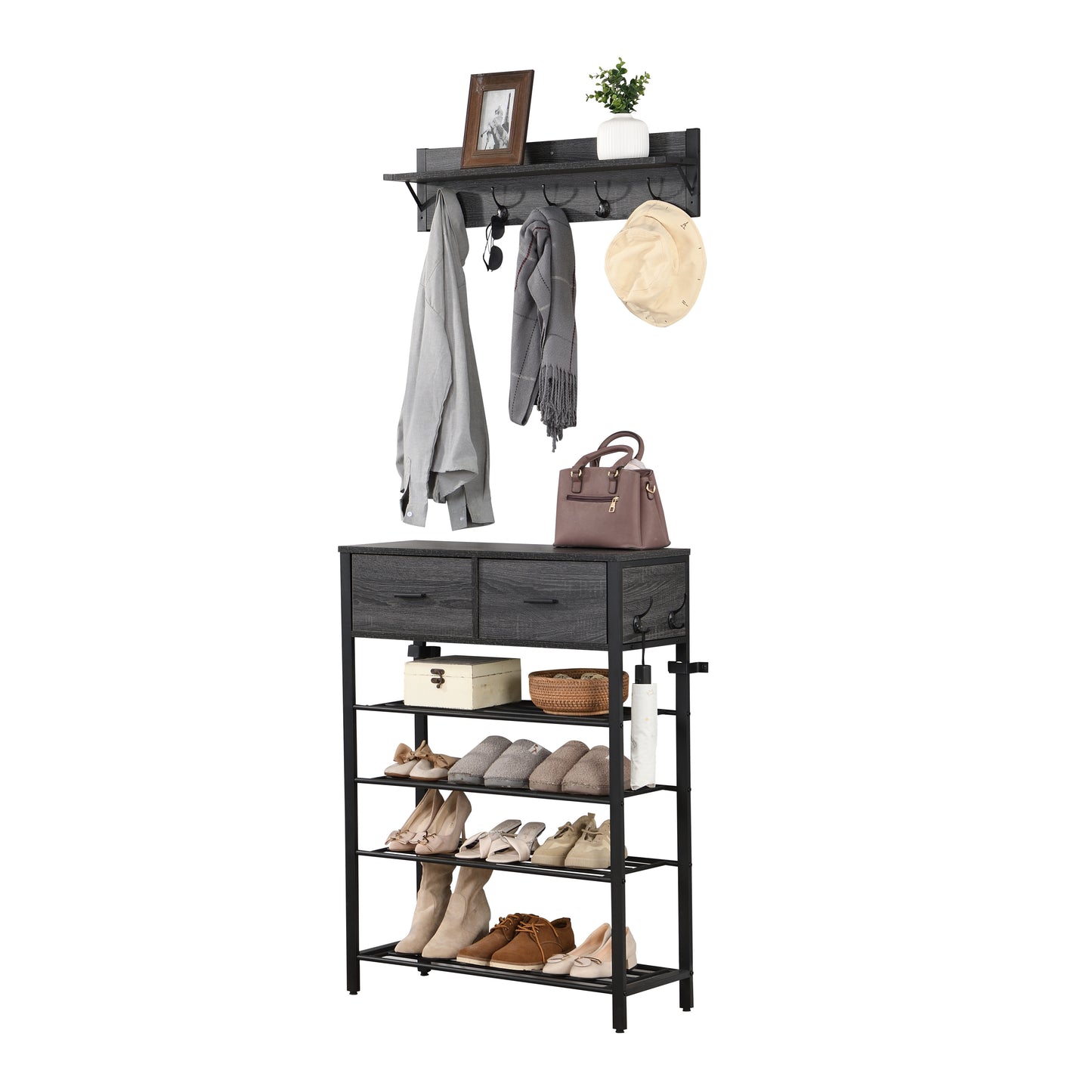 Entryway 4-tier Shoe Shelf with Two Drawers and Coat Rack, One Set Entryway Show Rack with Storage and Hooks