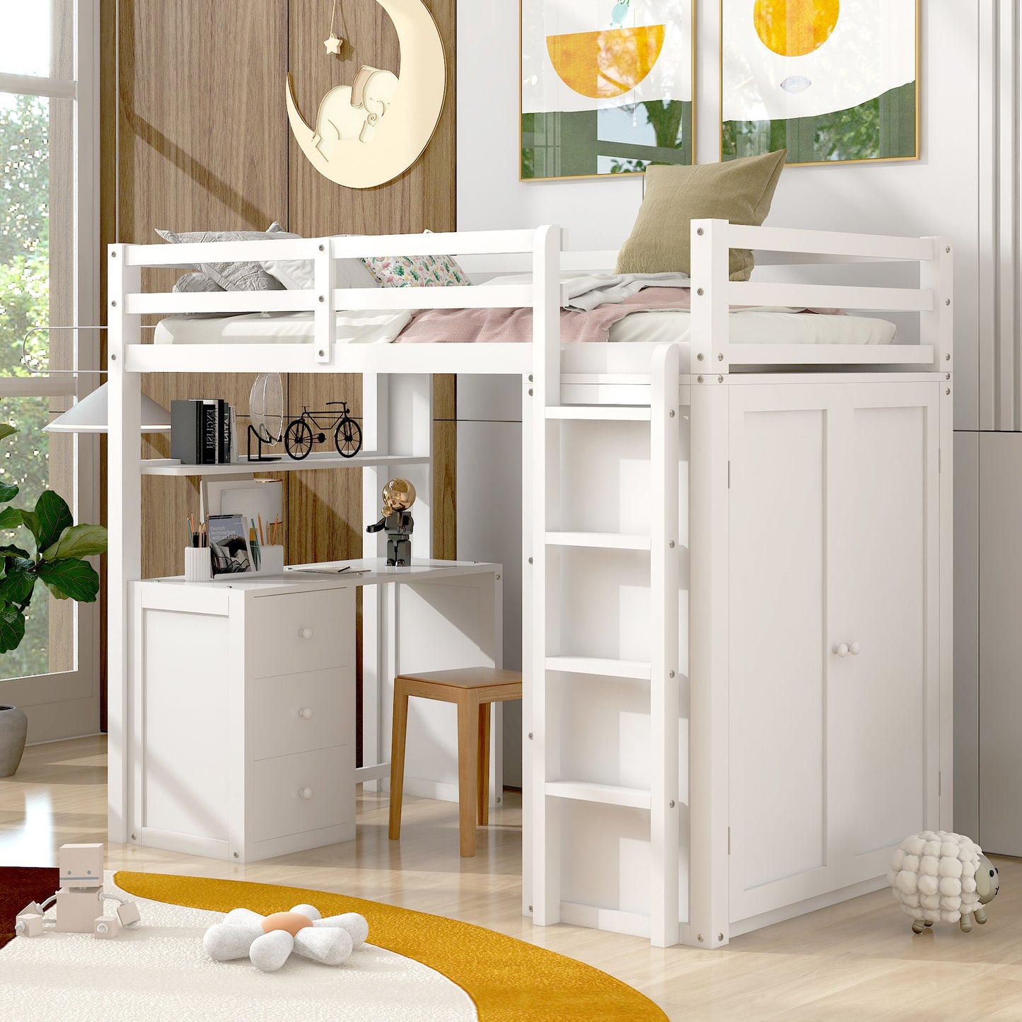 Twin size Loft Bed with Drawers,Desk,and Wardrobe-White