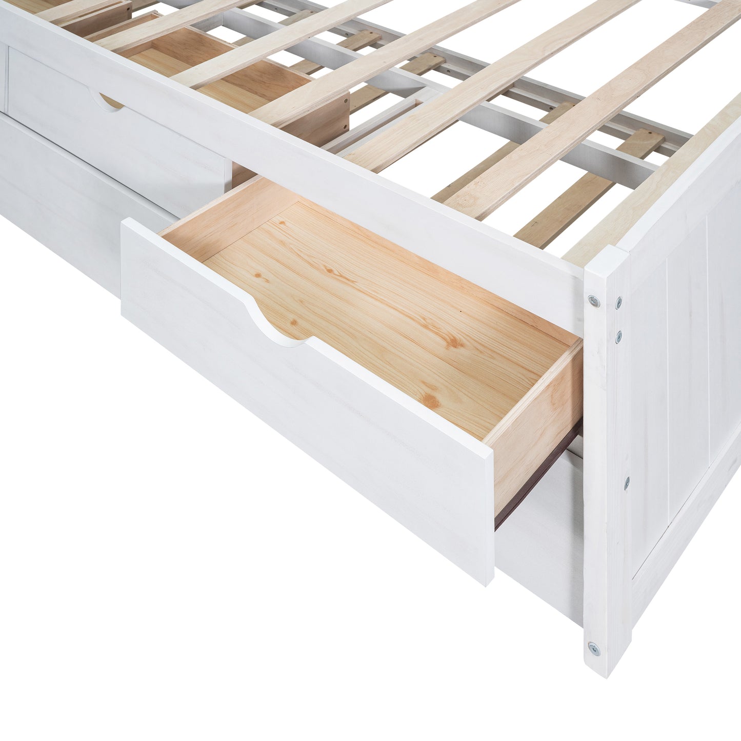 Twin Size Wooden Captain Bed with Built-in Bookshelves,Three Storage Drawers and Trundle, White Wash