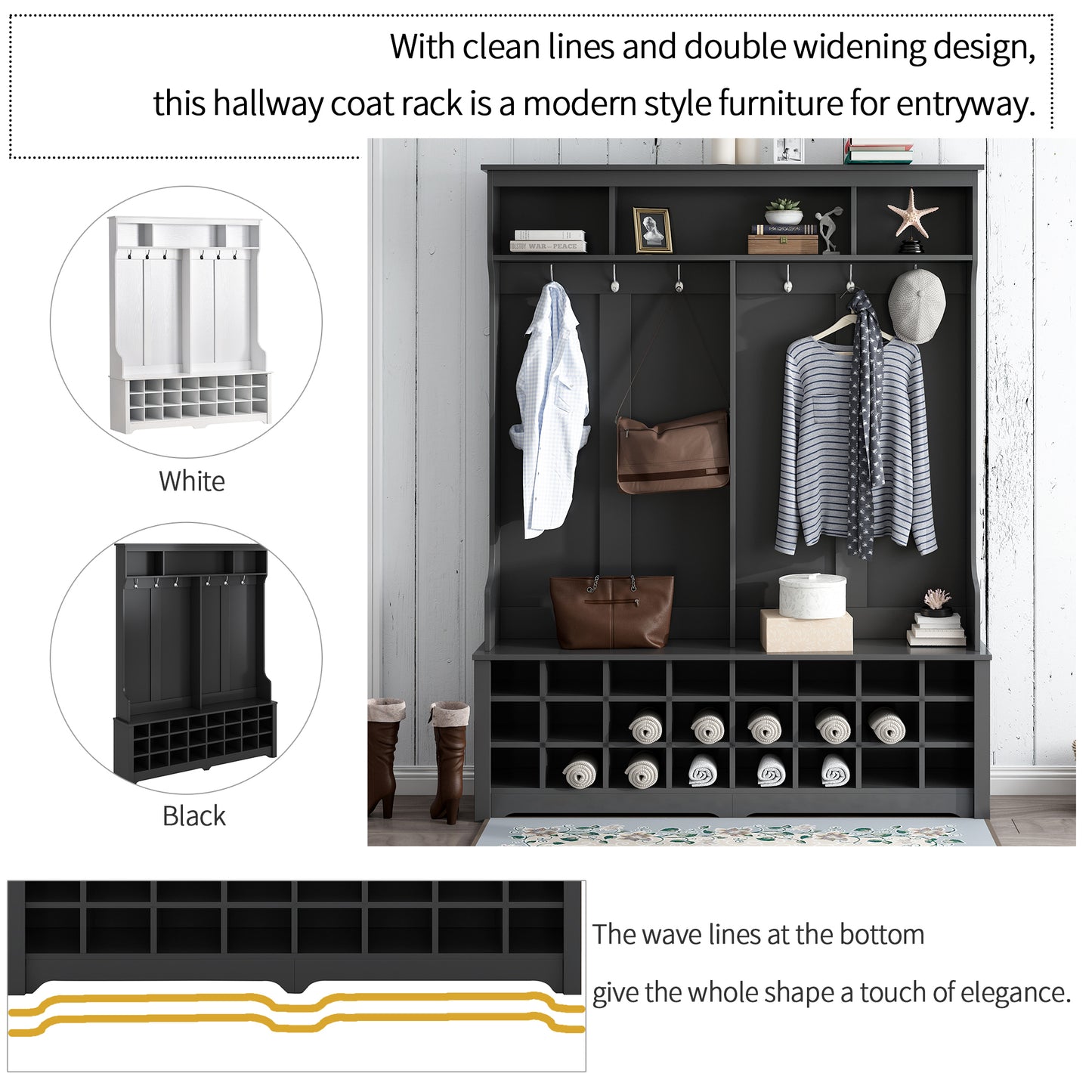 Modern Style Multiple Functions Hallway Coat Rack with Metal Black Hooks, Entryway Bench 60" Wide Hall Tree with Ample Storage Space and 24 Shoe Cubbies , Black