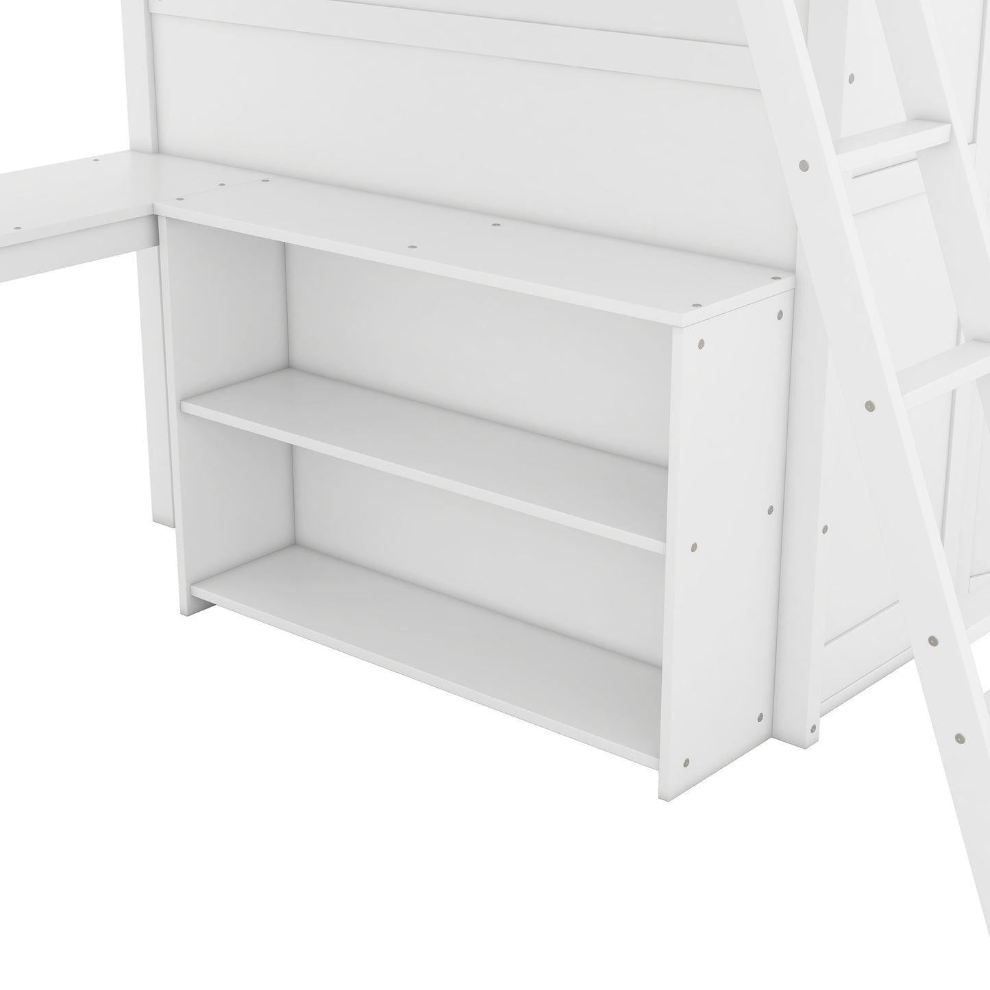 Full size Loft Bed with Desk, Shelves and Wardrobe-White