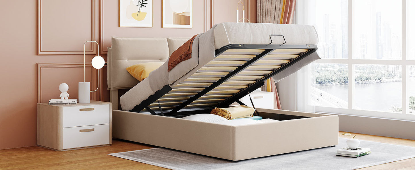 Upholstered Platform bed with a Hydraulic Storage System, Full size, Beige