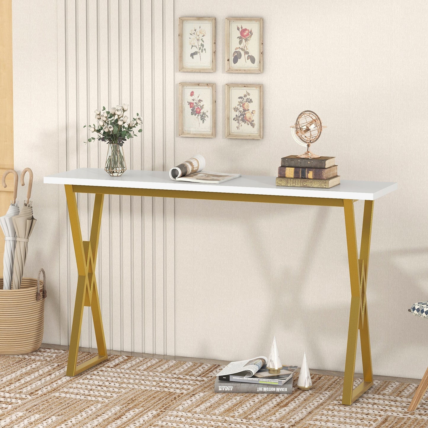 Modern 4-Piece Counter Height Extra Long Console Bar Dining Table Set with 3 Padded Stools for Small Places, Gold