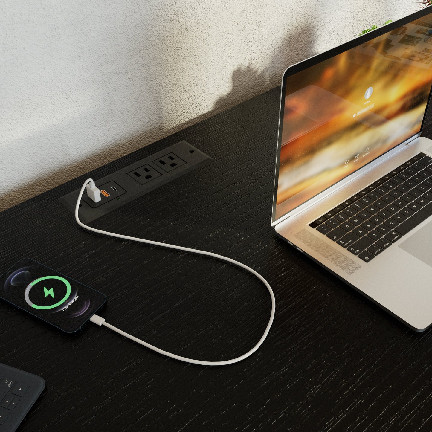 Sleek Black Mid Century Desk with USB Ports, Power Outlet, and Drawers