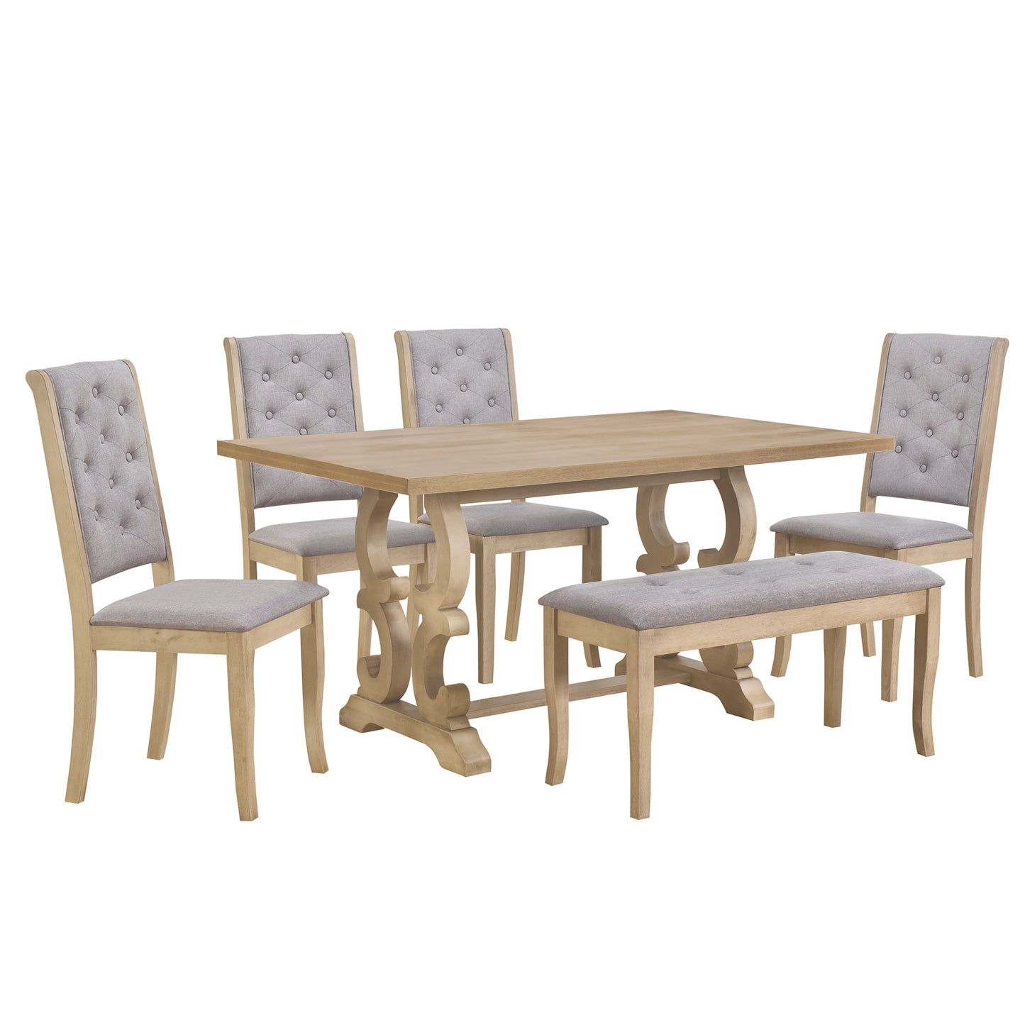 TREXM 6-Piece Retro Dining Set with Unique-designed Table Legs and Foam-covered Seat Backs&Cushions for Dining Room (Grey Wash)