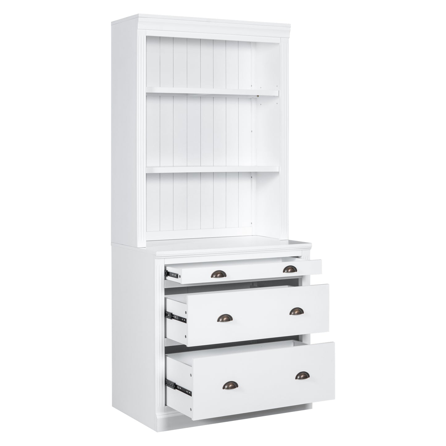 Modern White 83.4 Bookshelf and Writing Desk Suite with LED Lighting and Drawers