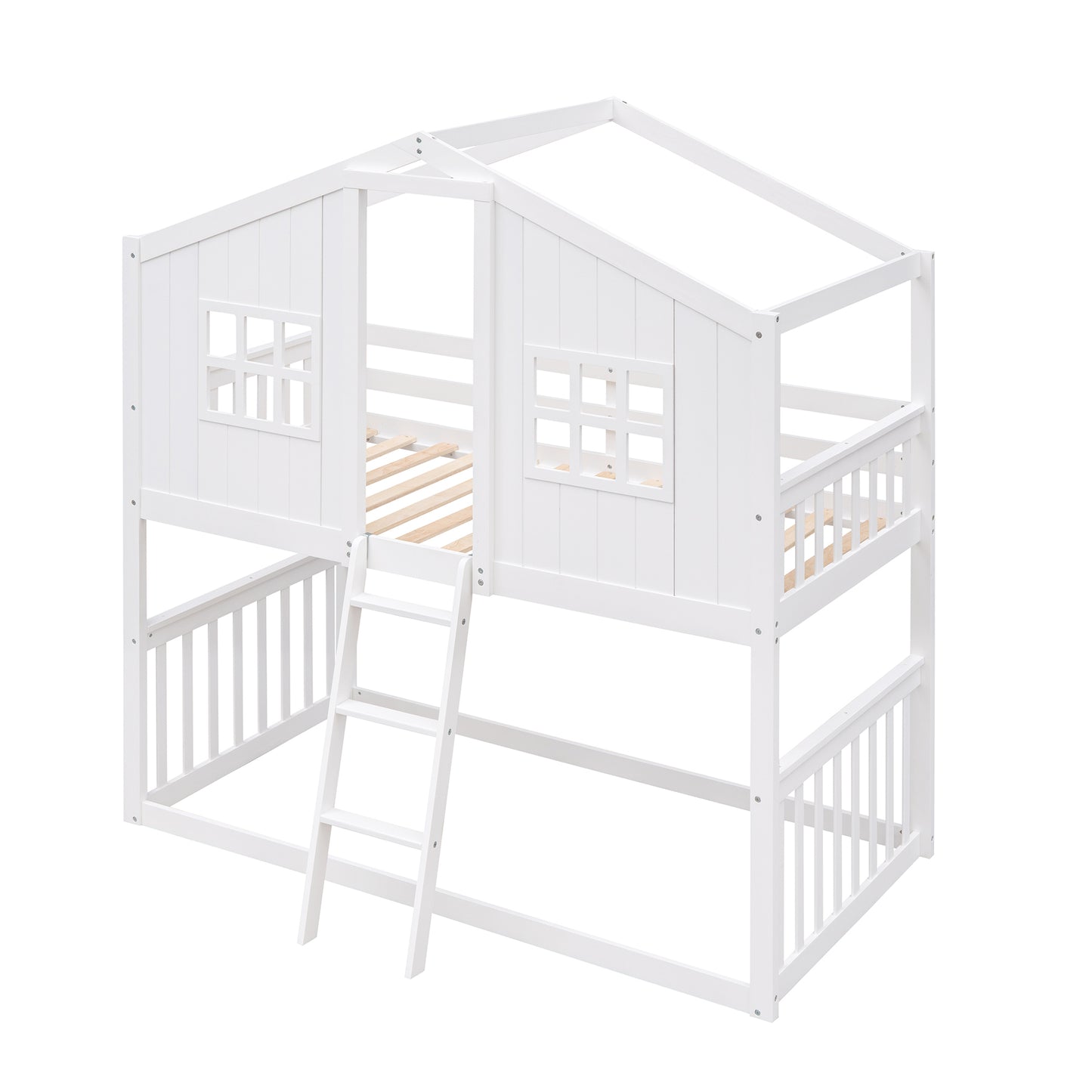 White Wood House Bunk Bed with Skylight - Twin Over Twin