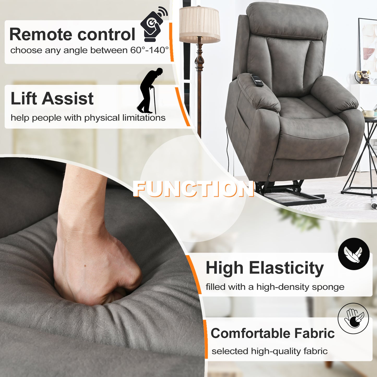 Elderly Power Lift Recliner Chair with Remote Control, Dark Gray Fabric