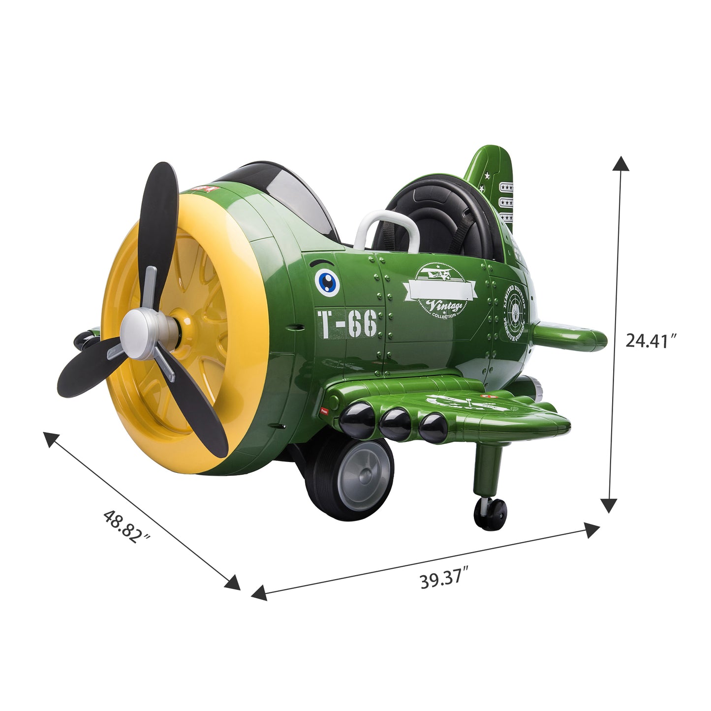 12V Electric Ride-On Toy Plane with 360-Degree Rotating Feature, USB, FM, and Remote Control for Kids 3 to 6, Army Green