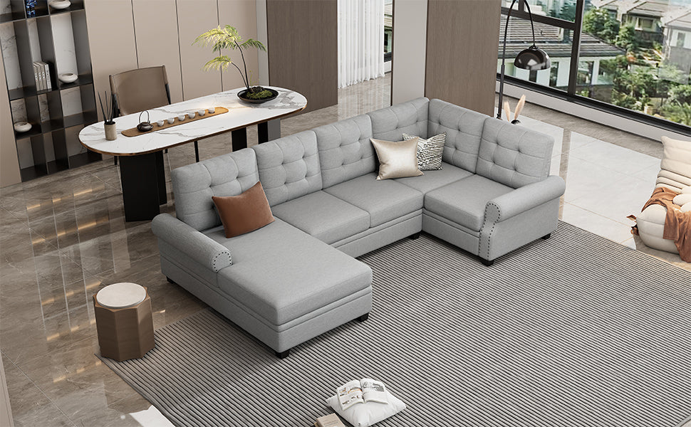 Luxe Gray U-Shaped Sectional Sofa with Tufted Backrest and Plush Comfort