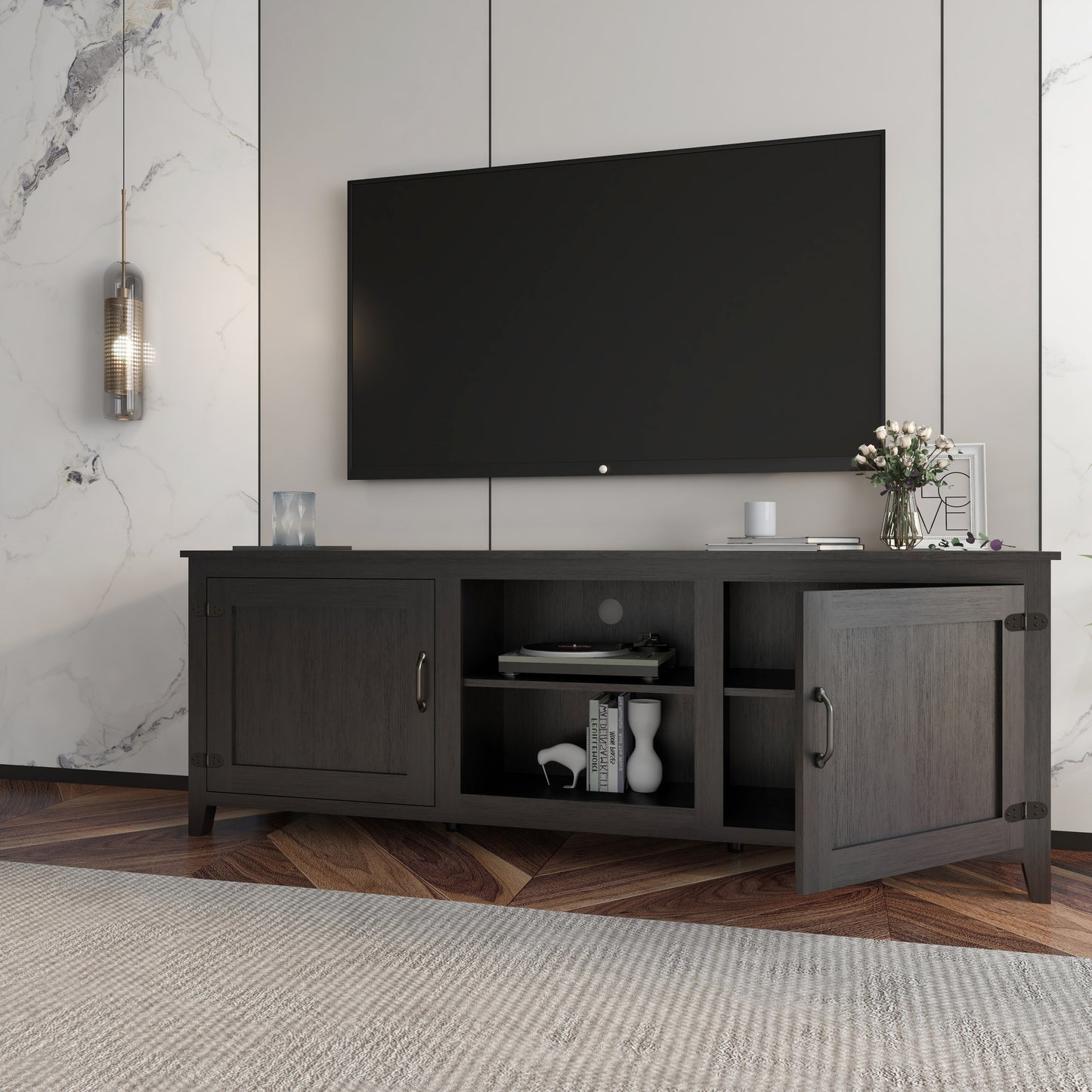 Traditional Black TV Stand with Spacious Storage and Durable Design