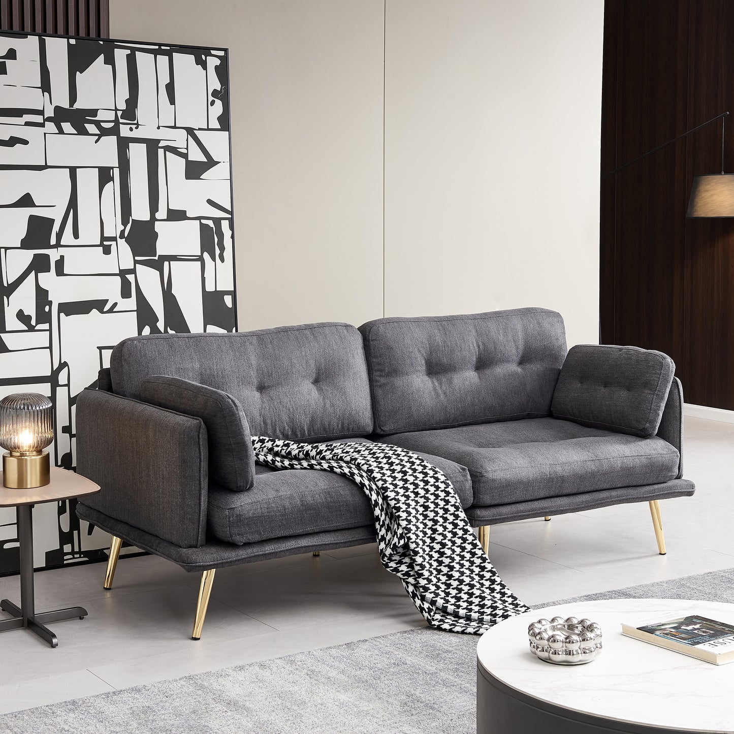 Elegant Dark Grey 3-Seat Sofa with Gold Metal Legs